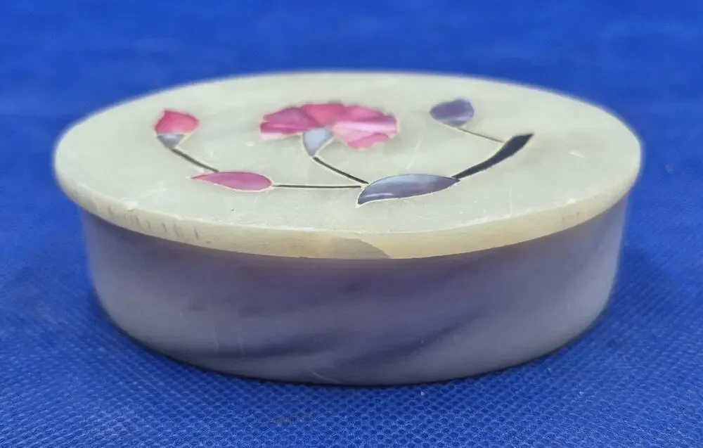 Vintage Mother of Pearl Inlay Alabaster Lidded Oval Trinket Box 4.25x3